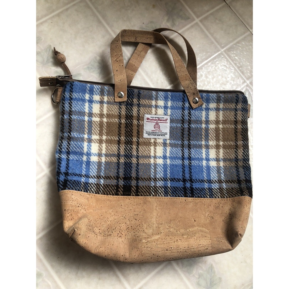 Harris Tweed 100% Pure Wool Scotland Blue Tan Plaid Wool Handbag Zip Closure